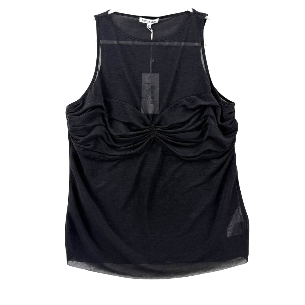 Reformation Tank Top Womens XL Black Sheer Mesh Rose Knit Ruched Sleeveless NWT